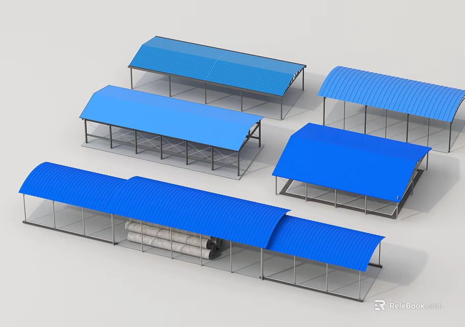Multiple Prefabricated Building Components Featuring Blue Roofs And Metal Frames 3d model 
