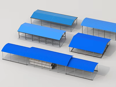Multiple Prefabricated Building Components Featuring Blue Roofs And Metal Frames 3d model
