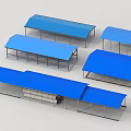 Multiple Prefabricated Building Components Featuring Blue Roofs And Metal Frames