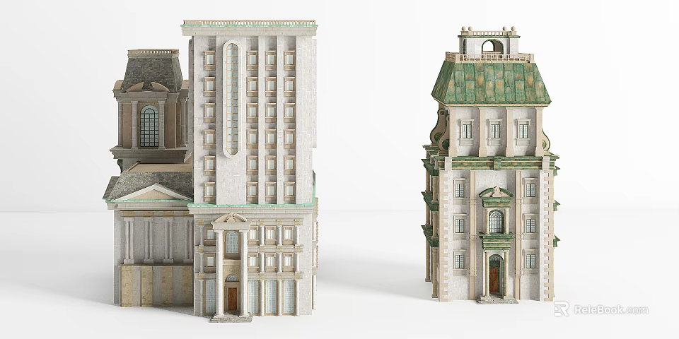 Different Architectural Office Building Designs With Classical Modern Facades And Green Roofs 3d model 