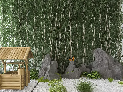 Garden Ornament With Wooden Pavilion Rocks Butterfly Bamboo Grove And White Pebbles 3d model