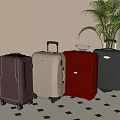 Various Colored Suitcases Lined Up On Black White Checkered Floor With Plant Window Background