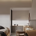 Minimalist Hotel Room Interior with Comfortable Bed Wooden Vanity Bath Area Mirror and Chair