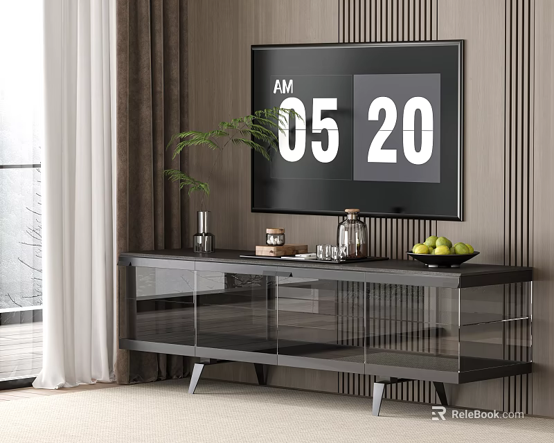 Modern TV Stand with Glass Doors Storage Plant Fruit Tray and TV Display Time 3d model 