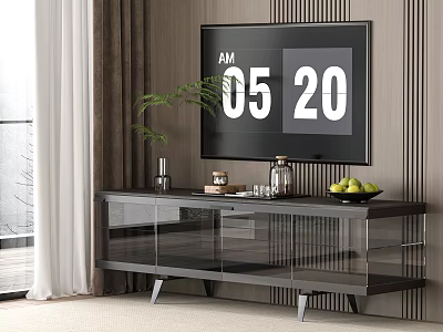 Modern TV Stand with Glass Doors Storage Plant Fruit Tray and TV Display Time 3d model