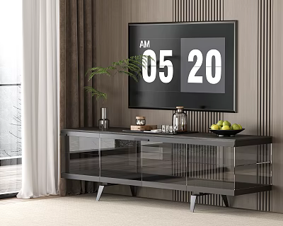 Modern TV Stand with Glass Doors Storage Plant Fruit Tray and TV Display Time 3d model