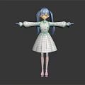 3D Model Girl With Gray Twin Ponytails White Dress White Shoes Arms Outstretched Dark Background