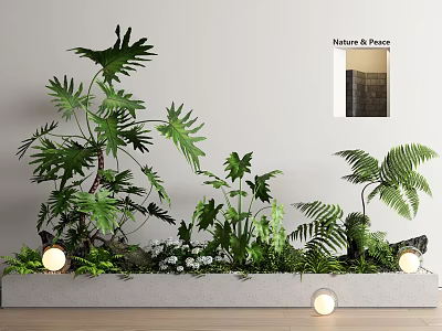 Lush Green Plants And White Flowers In Modern Planter With Warm Lights For Natural Ambiance 3d model