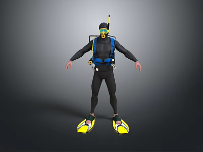 Black Full Diving Suit With Yellow Flippers Mask Snorkel And Backpack 3d model