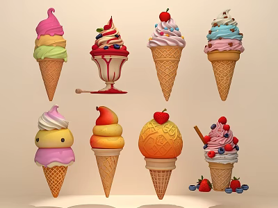 Colorful Ice Cream Cones With Various Flavors Fruits And Whipped Cream Toppings 3d model