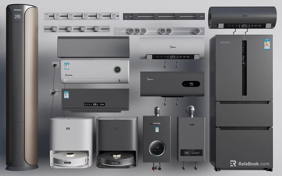 Modern Household Appliances Display Including Air Conditioners Refrigerators and Small Devices 3d model 