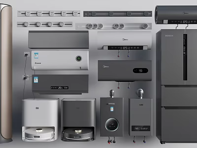 Modern Household Appliances Display Including Air Conditioners Refrigerators and Small Devices 3d model