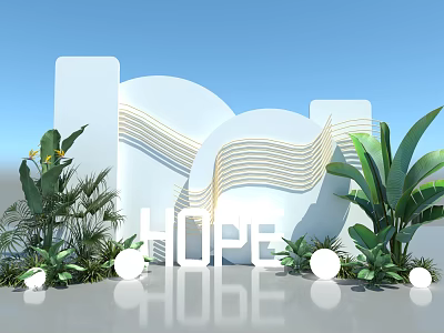 Floral Art Installation With Hope Lettering Tropical Plants White Curved Structures And Round Light Balls 3d model