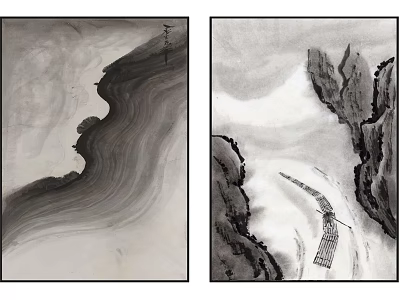 Abstract Ink Wash Paintings With Flowing Lines Mountain Landscapes And Cloudy Textures 3d model