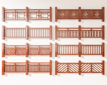 Chinese-style Solid Wood Carved Railing Wooden Guardrail Fence Solid Wood Railing Outdoor Railing 3d model