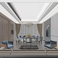 Elegant Modern Private Room Interior With Sofa Dining Table Chandelier And Curtains 3d model