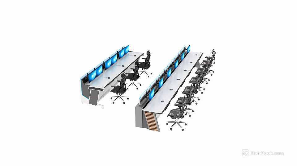 Modern Office Desk and Chair Set With Multiple Monitors and Ergonomic Seats 3d model 
