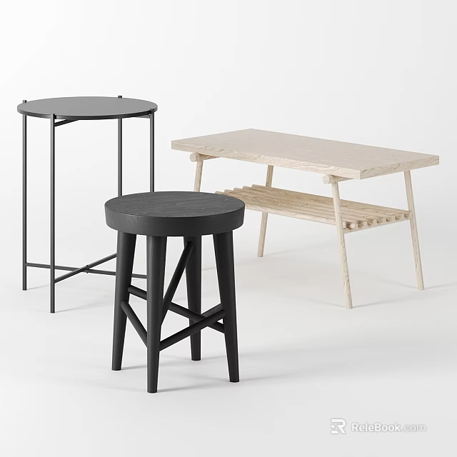 Modern Dining Table Set With Black Stool And Light Wood Side Table 3d model