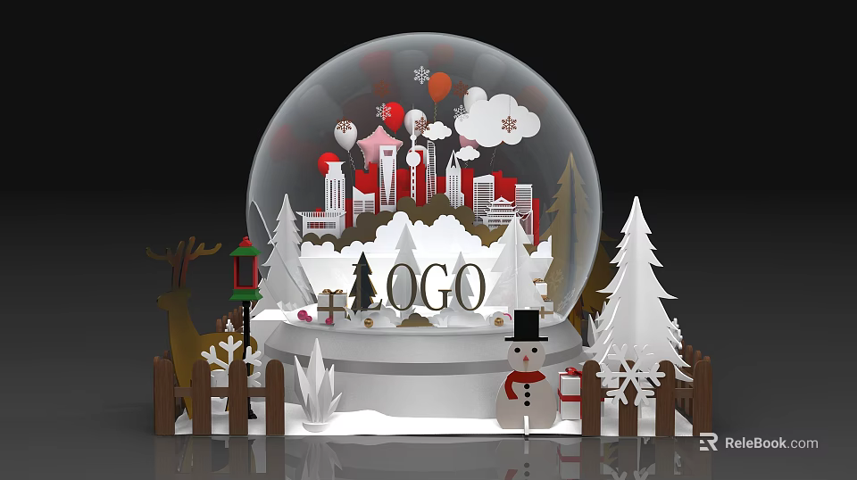 Christmas Decorative Snow Globe With City Skyline Snowman Reindeer And Trees 3d model 