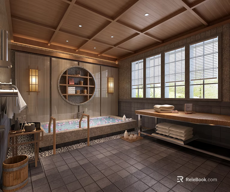 Traditional Bathroom Interior Design With Wooden Grid Ceiling Bathtub Shuttered Windows And Towels 3d model 