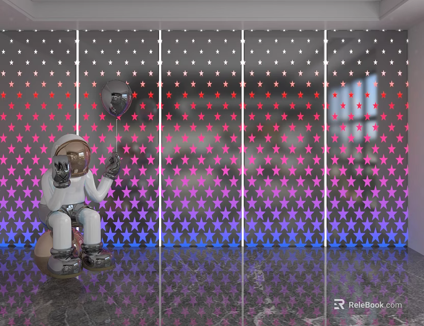 Star Patterned Background Wall With Pink Purple Gradient Panels Astronaut Decor And Black Balloon 3d model 