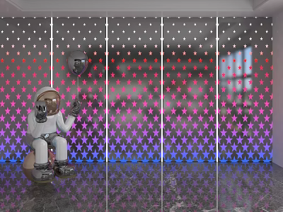 Star Patterned Background Wall With Pink Purple Gradient Panels Astronaut Decor And Black Balloon 3d model