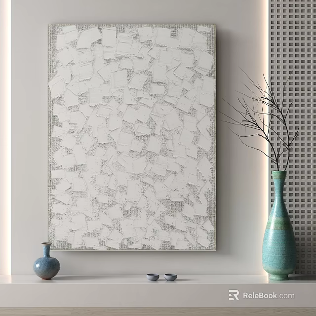 Abstract Wall Art With White Fragment Pattern And Decorative Vases In Modern Interior 3d model 
