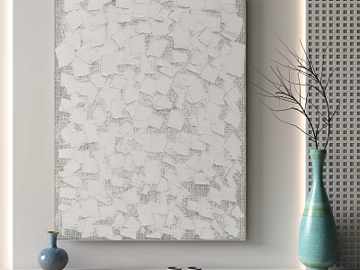 Abstract Wall Art With White Fragment Pattern And Decorative Vases In Modern Interior 3d model