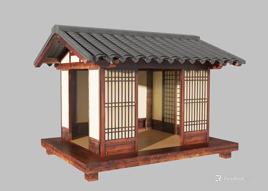 Traditional Japanese Architecture Model With Wooden Structure Black Tiled Roof And Sliding Lattice Doors 3d model 