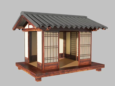 Traditional Japanese Architecture Model With Wooden Structure Black Tiled Roof And Sliding Lattice Doors 3d model