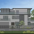 Modern Two Story Detached Villa With Large Glass Windows Balcony Garage And Landscaped Greenery