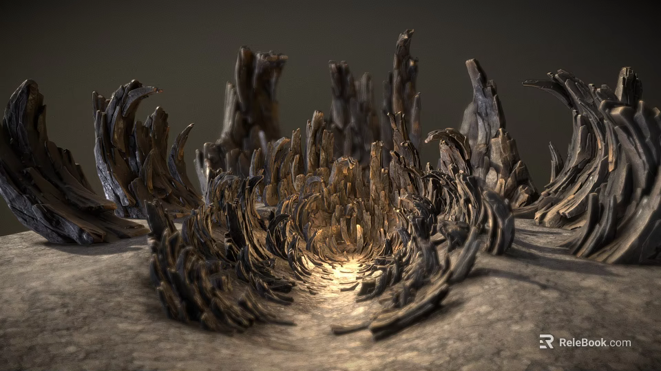Ethereal Natural Scene Featuring Twisted Wooden Roots Forming Illuminated Pathway 3d model 