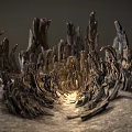 Ethereal Natural Scene Featuring Twisted Wooden Roots Forming Illuminated Pathway