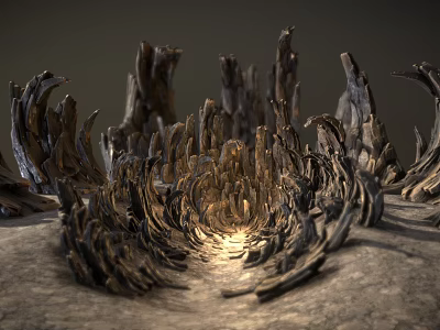 Ethereal Natural Scene Featuring Twisted Wooden Roots Forming Illuminated Pathway 3d model