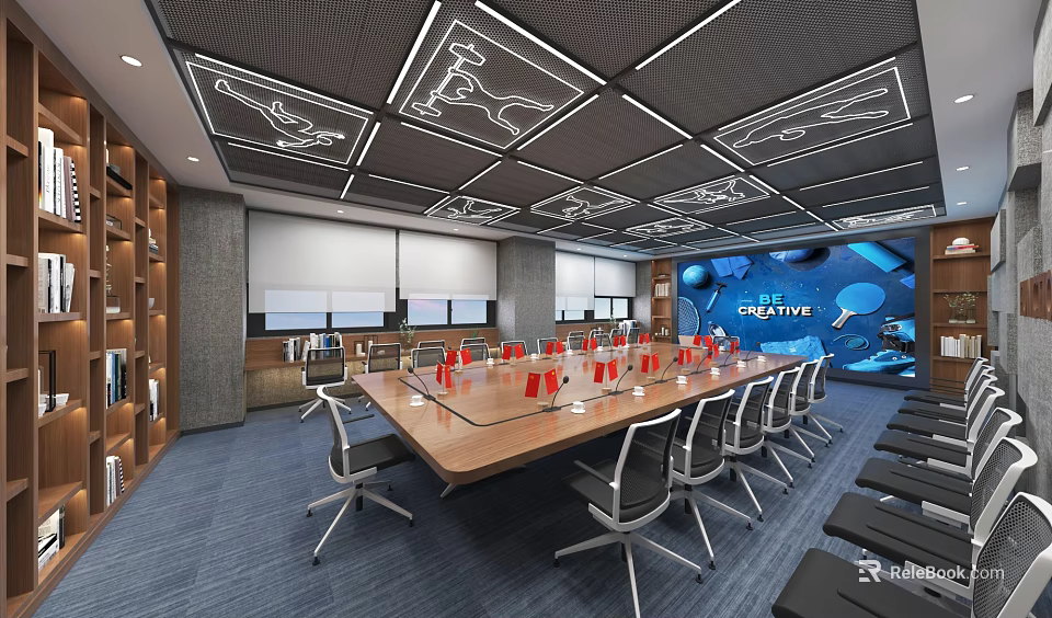 Contemporary Conference Room Featuring Long Wooden Table Ergonomic Chairs Geometric Ceiling And Future Themed Wall 3d model 