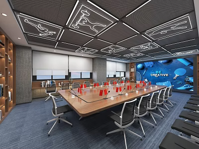 Contemporary Conference Room Featuring Long Wooden Table Ergonomic Chairs Geometric Ceiling And Future Themed Wall 3d model
