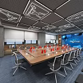 Contemporary Conference Room Featuring Long Wooden Table Ergonomic Chairs Geometric Ceiling And Future Themed Wall