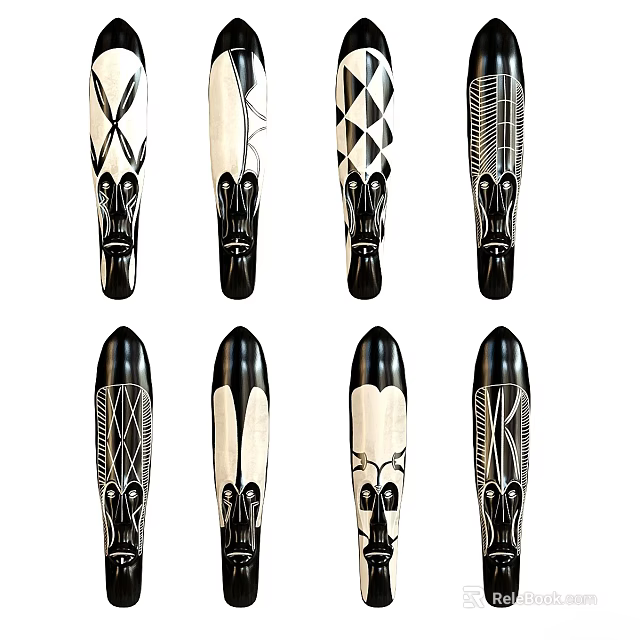 Set Of Handmade Carved Masks With Black And White Geometric Facial Patterns 3d model 