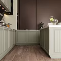 Stylish Sage Green Kitchen With Central Island Marble Backsplash Built In Cabinets And Premium Appliances