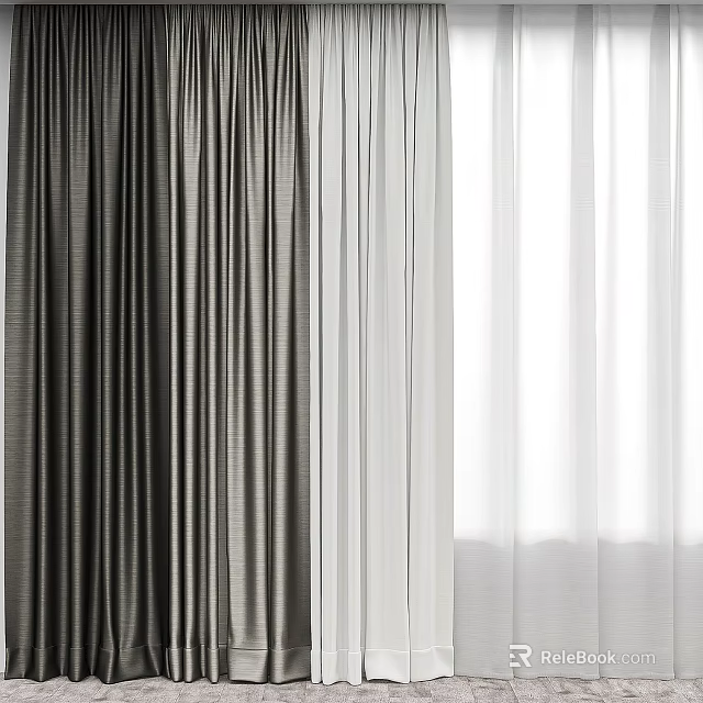 Modern Double Layer Curtain with Dark Textured Panel and Light Filtering Sheer Fabric 3d model