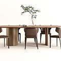Modern Round Dining Table And Chairs Set With Metal Base Brown Leather And Green Plant