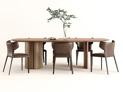 Modern Round Dining Table And Chairs Set With Metal Base Brown Leather And Green Plant 3d model