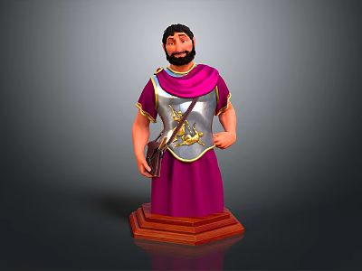 Roman Male Game Character In Purple Robe With Silver Armor Golden Patterns On Wooden Base 3d model