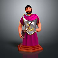 Roman Male Game Character In Purple Robe With Silver Armor Golden Patterns On Wooden Base