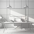 Modern Desk Setup With Dark Wooden Wall Pendant Lights Calligraphy Decor Green Plant And Chair