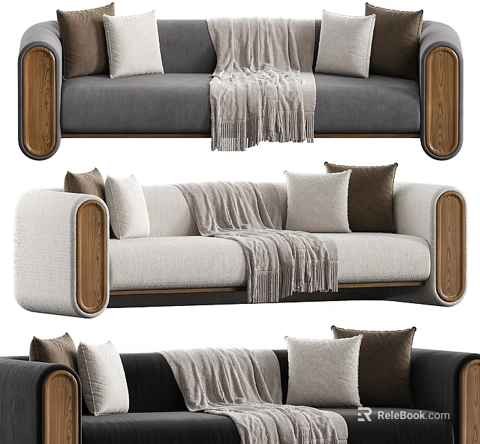 Stylish Multi Seater Sofa with Wooden Armrests Throw Pillows and Blanket in Gray Beige Black 3d model 
