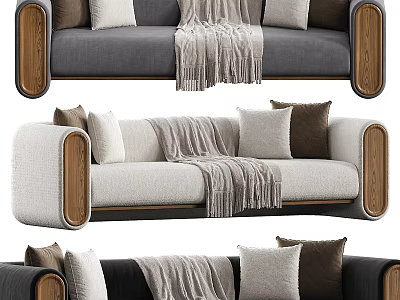 Stylish Multi Seater Sofa with Wooden Armrests Throw Pillows and Blanket in Gray Beige Black 3d model