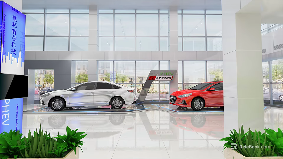 Modern Car Showroom With White And Red Cars On Display Large Windows Bright Interior 3d model 