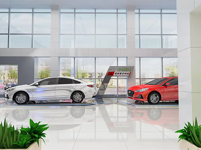 Modern Car Showroom With White And Red Cars On Display Large Windows Bright Interior 3d model
