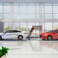 Modern Car Showroom With White And Red Cars On Display Large Windows Bright Interior